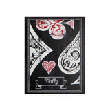Decorative Bridge Tallies card with intricate black, white, and red playing card suit designs and "Tally" text on banner