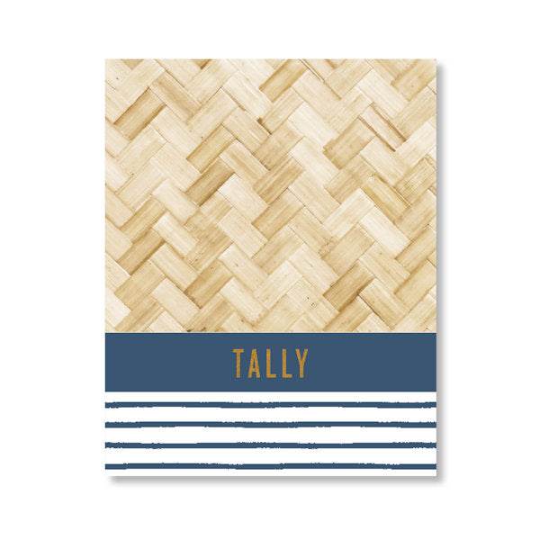 Bridge tallies card with woven wood pattern and blue stripe design for bridge game scoring