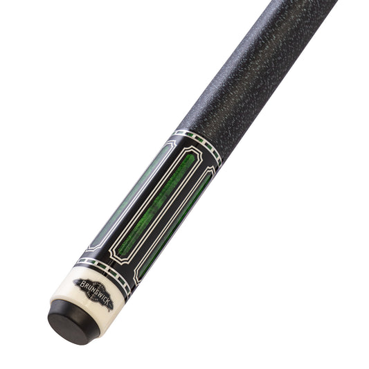 Pool cue with green stripe and Brunswick logo on a white background