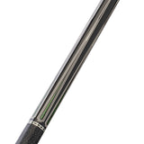 Close-up of a pool cue with black and green design on a white background