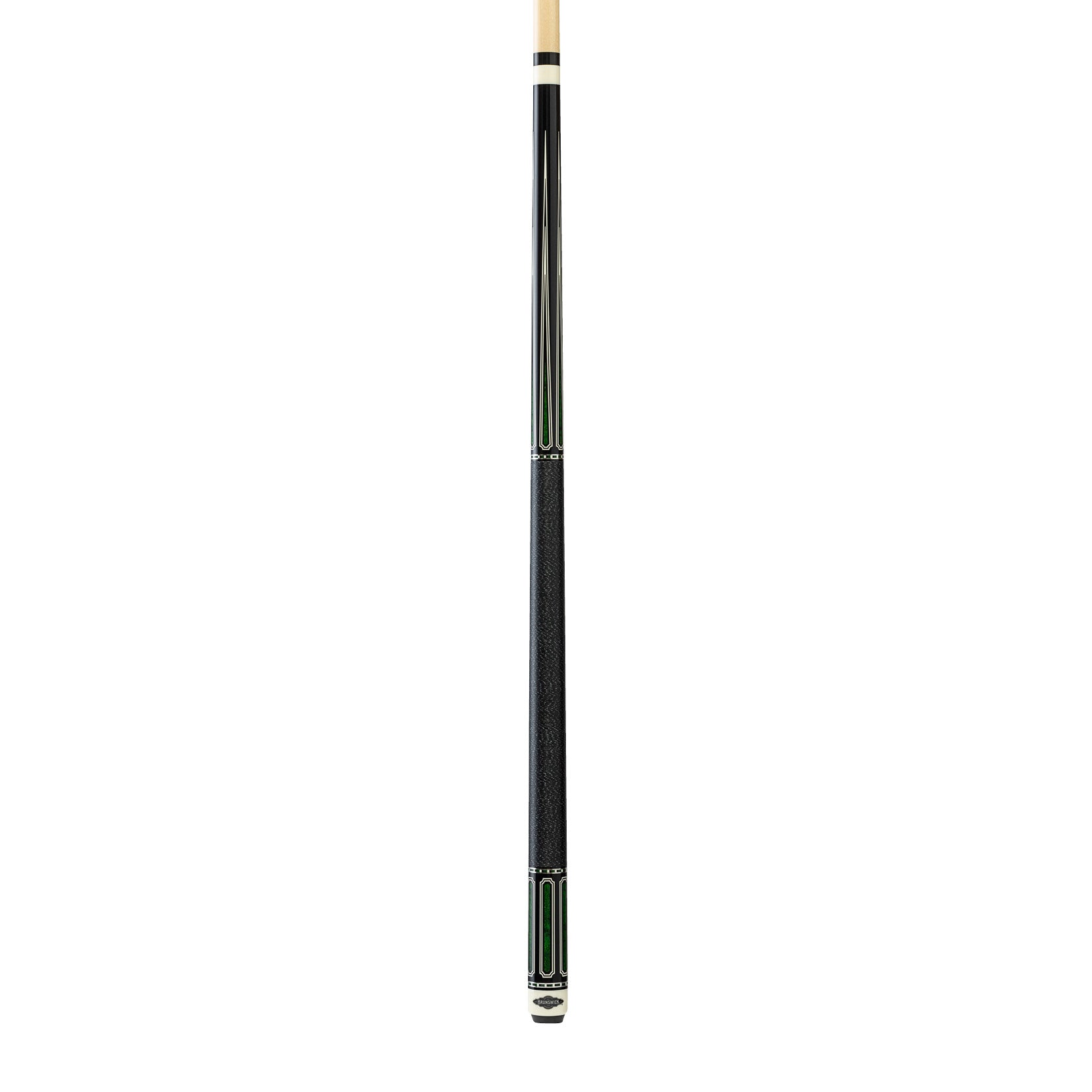 Brunswick Linen Green Wrap Cue Black pool cue with a white joint n a white background