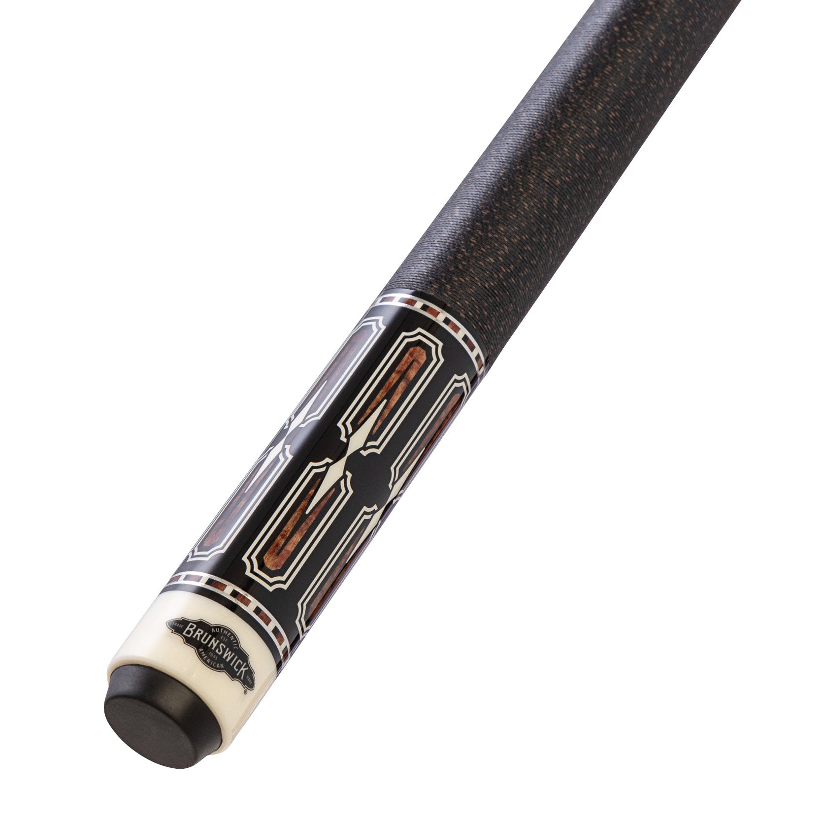 Close-up of a pool cue with a Brunswick logo on a white background