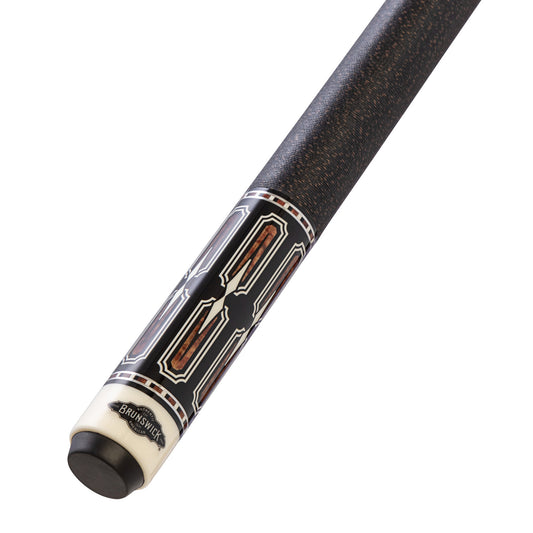 Close-up of a pool cue with a Brunswick logo on a white background