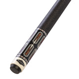 Close-up of a pool cue with a Brunswick logo on a white background
