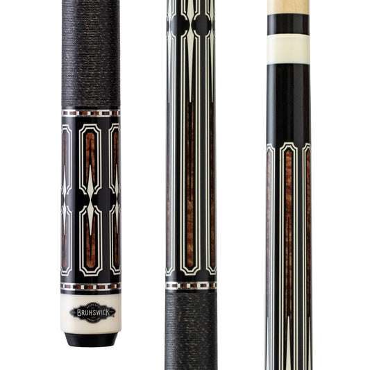 Three pool cues with different designs on a white background