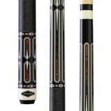 Three pool cues with different designs on a white background