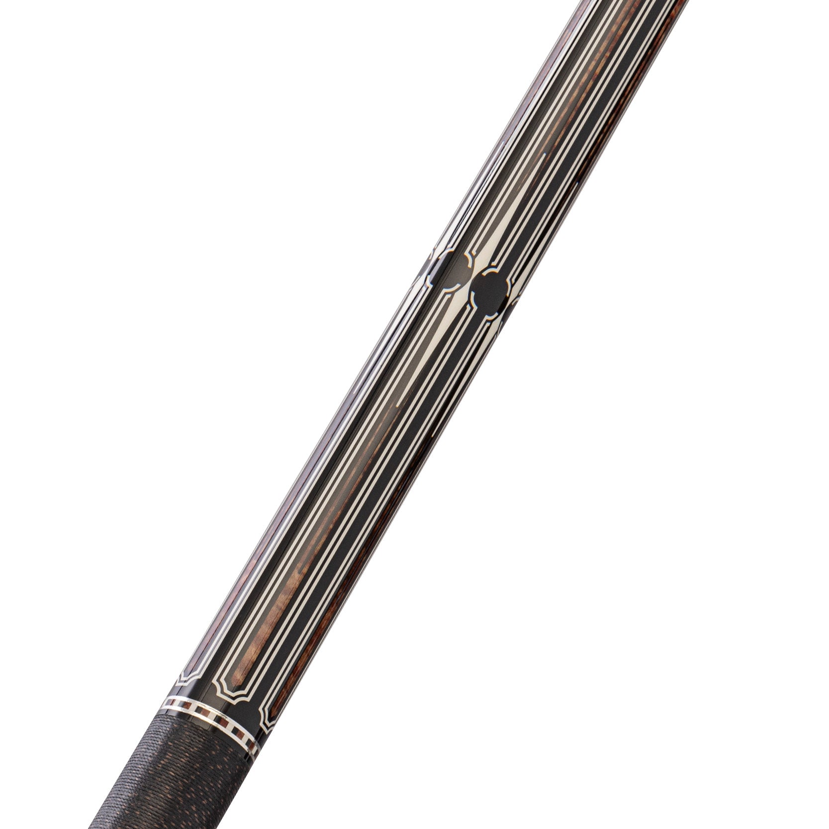Close-up of a pool cue with intricate design on a white background