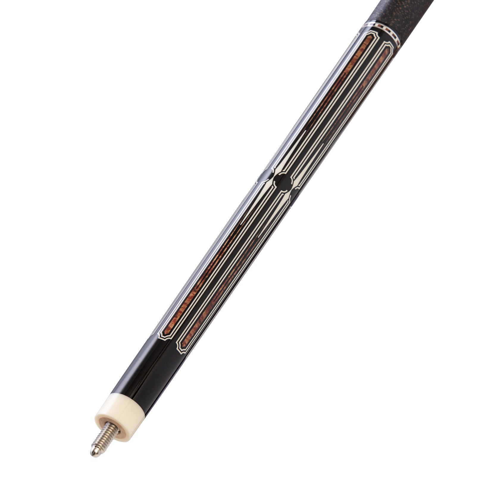 Close-up of a pool cue with a white background