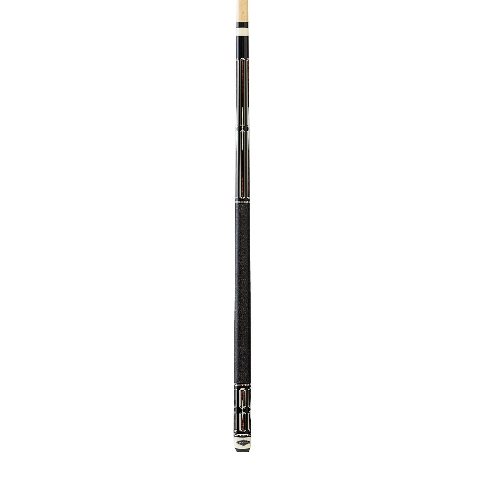 Black pool cue with gold tip on a white background