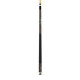 Black pool cue with gold tip on a white background