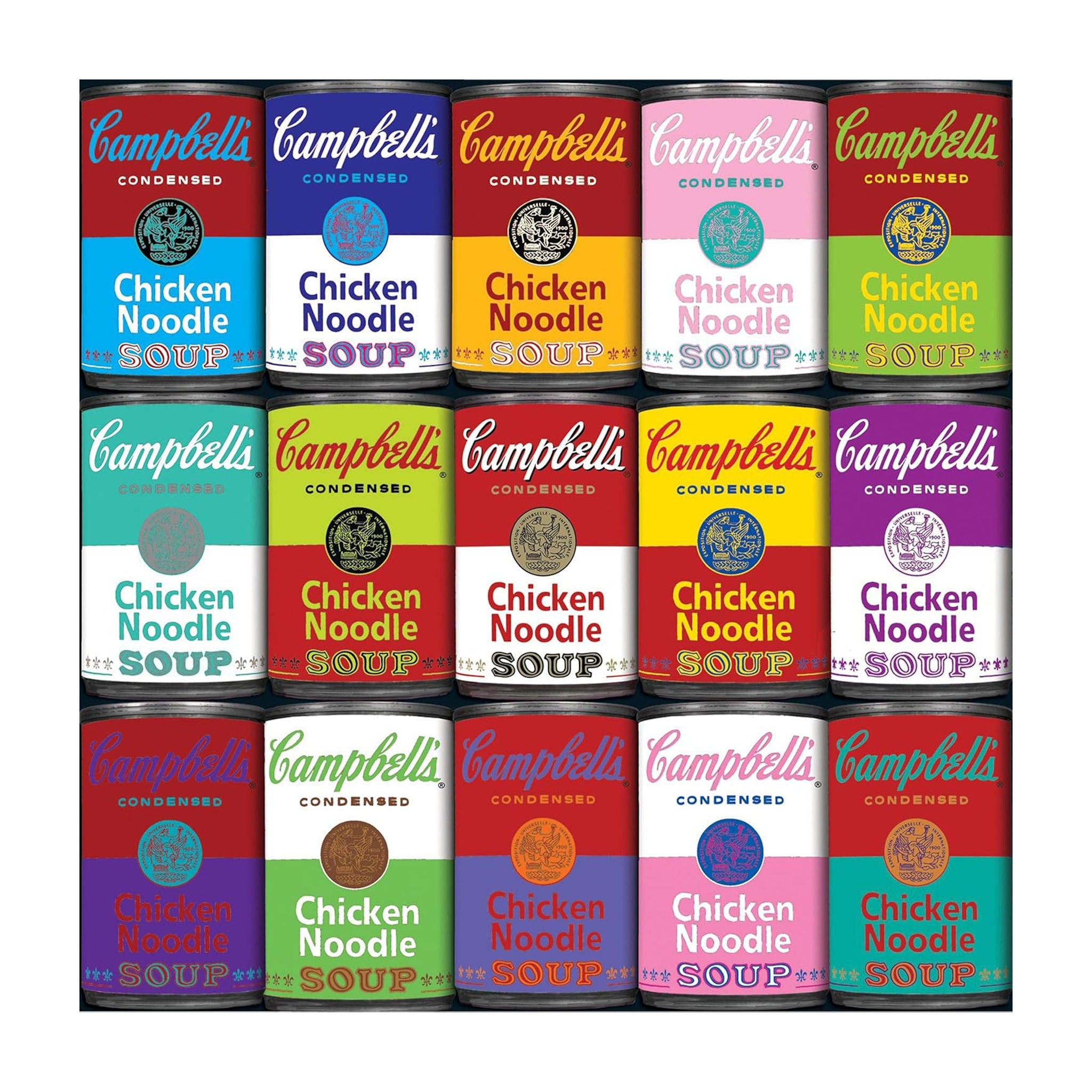Grid of Campbell's Chicken Noodle Soup cans in various colors on a white background