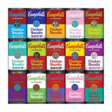 Grid of Campbell's Chicken Noodle Soup cans in various colors on a white background
