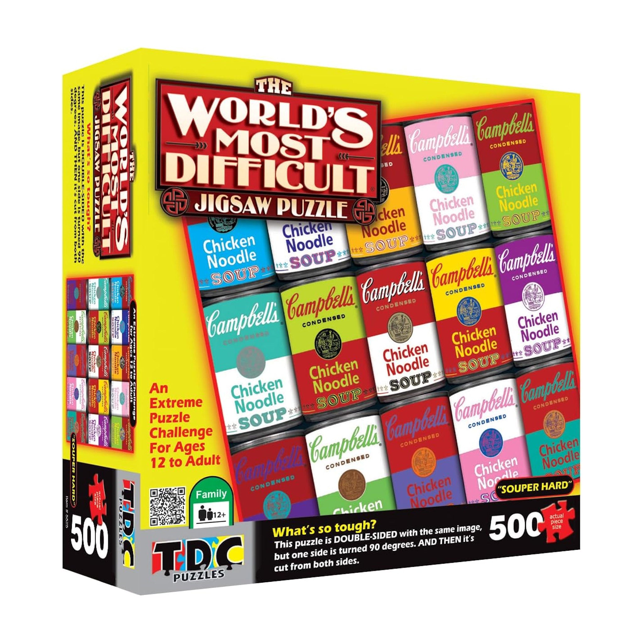 World's Most Difficult Jigsaw Puzzle box with Campbell's Soup cans design