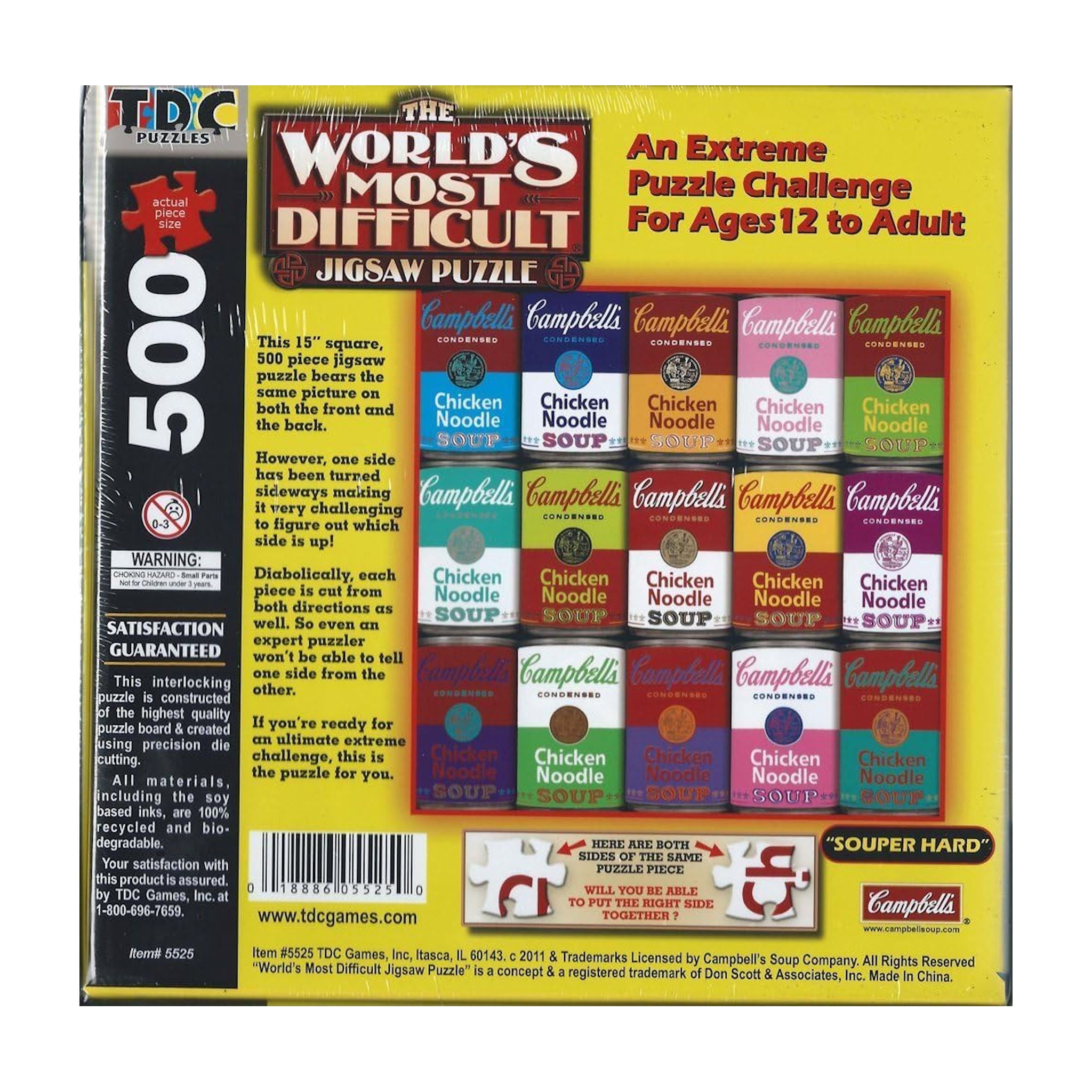 Packaging of 'The World's Most Difficult Jigsaw Puzzle' featuring Campbell's Soup cans.