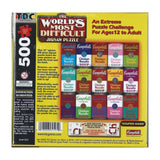Packaging of 'The World's Most Difficult Jigsaw Puzzle' featuring Campbell's Soup cans.