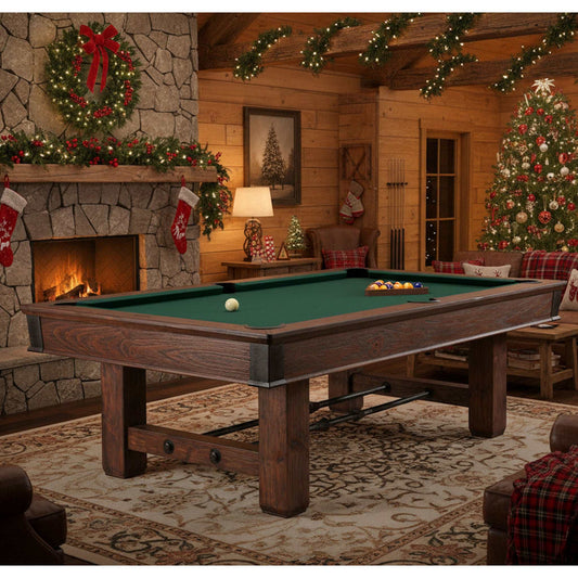 Canton pool table in rustic Black Forest finish with hand-hammered metal sights in cozy wooden room with Christmas decor