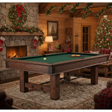 Canton pool table in rustic Black Forest finish with hand-hammered metal sights in cozy wooden room with Christmas decor