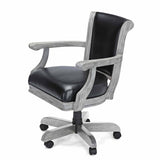 Brunswick Centennial Game Chair with black leather seat and grey wooden frame on casters