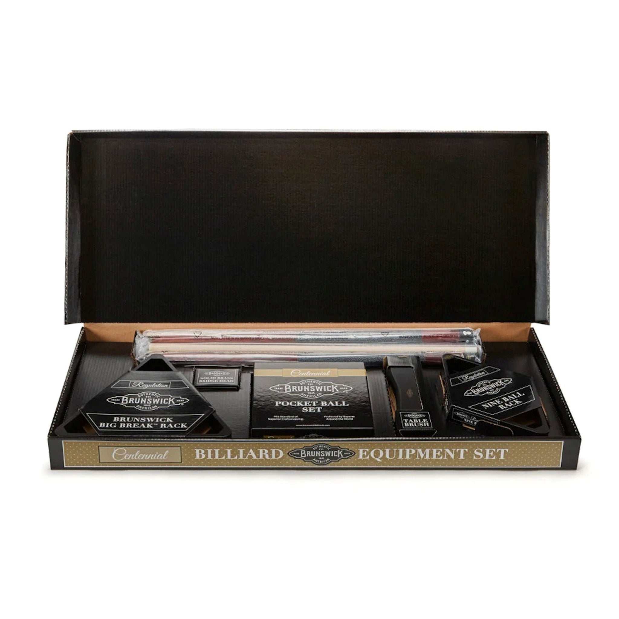 Centennial Play Package billiard equipment set with cues, balls, racks, bridge stick, and table brush in an open box