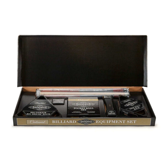 Centennial Play Package billiard equipment set with cues, balls, racks, bridge stick, and table brush in an open box