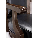 Close-up of Brunswick Centennial Bar Stool with wooden armrest and black leather seat