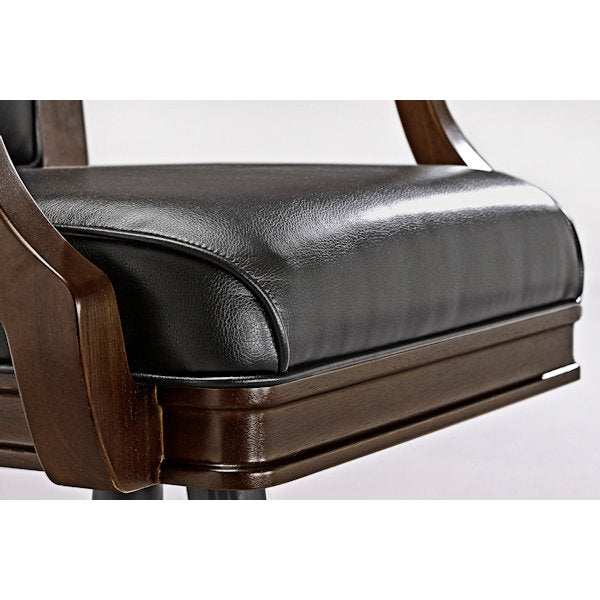 Close-up of Brunswick Centennial Bar Stool black cushioned seat with wooden frame and armrest detail