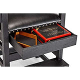 Brunswick Centennial Player's Chair black wood frame with pin-nailed seat and open storage drawer for billiard accessories