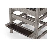 Close-up of Brunswick Centennial Player's Chair footrest with black protector and rustic grey wood finish