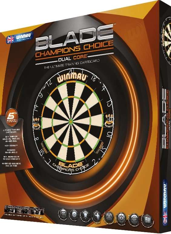 Winmau Champions Choice Dual Core Dartboard with thinner wires and enhanced scoring area in packaging