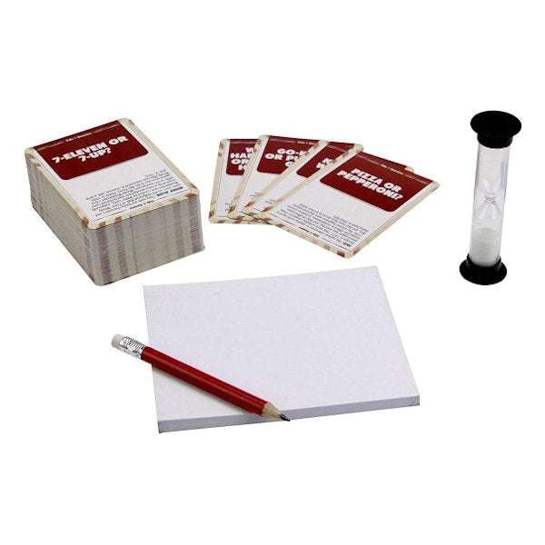 The Chicken Or The Egg trivia card game set with pencil, score pad, and sand timer for game night