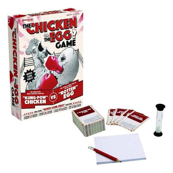 The Chicken Or The Egg trivia card game with sand timer, pencil, and score pad for 2-4 players