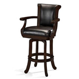 Brunswick Centennial Bar Stool with black leather seat and wooden frame, swivel feature, 32-inch seat height