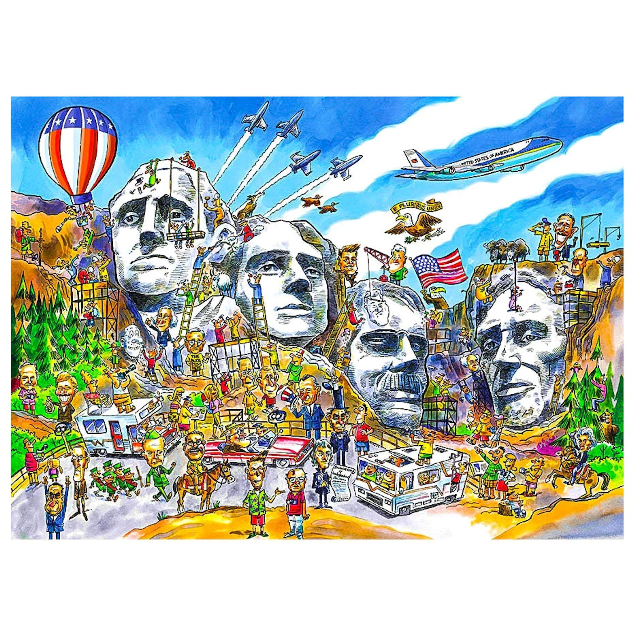 Colorful illustration of Mount Rushmore with various figures and activities around it.