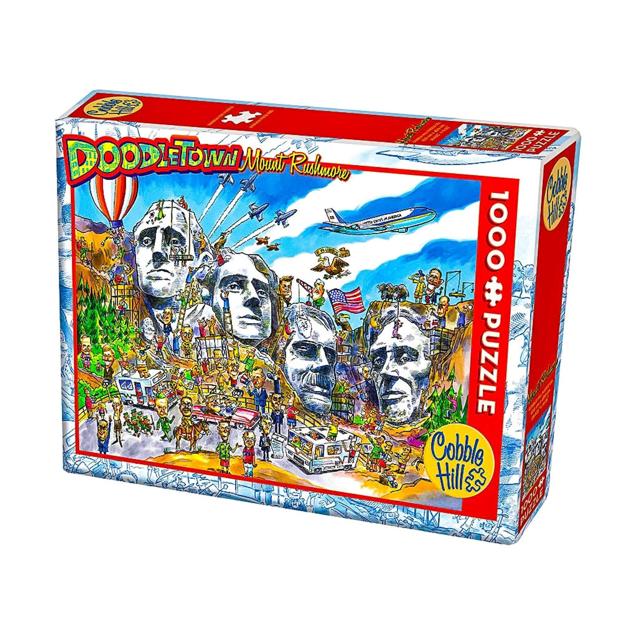 Jigsaw puzzle box featuring Mount Rushmore with colorful illustrations on a white background