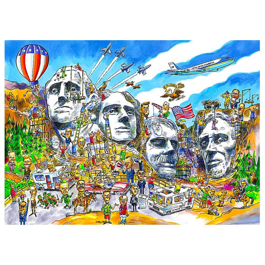 Colorful illustration of Mount Rushmore with various figures and activities around it.