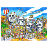 Colorful illustration of Mount Rushmore with various figures and activities around it.