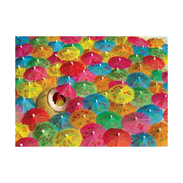 Cobble Hill Lime in the Coconut 1000-piece puzzle featuring bright drink umbrellas and a lime in the coconut design