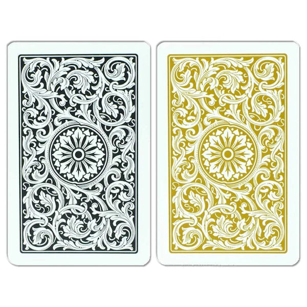 Copag 100% Plastic Jumbo Index Bridge Playing Cards Double Deck Set back side of black and gold