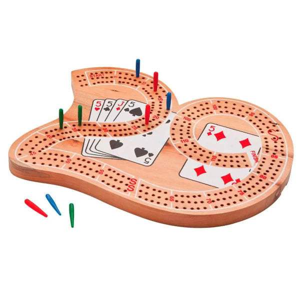 Wooden 29 Cribbage Board with three tracks, plastic pegs, and playing cards on solid wood surface