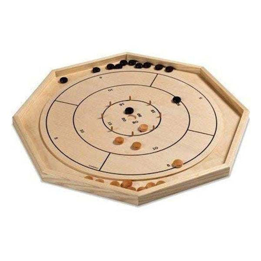 Solid wood Crokinole board with birch playing surface, ash rails, black score lines, and included black and natural wood men.