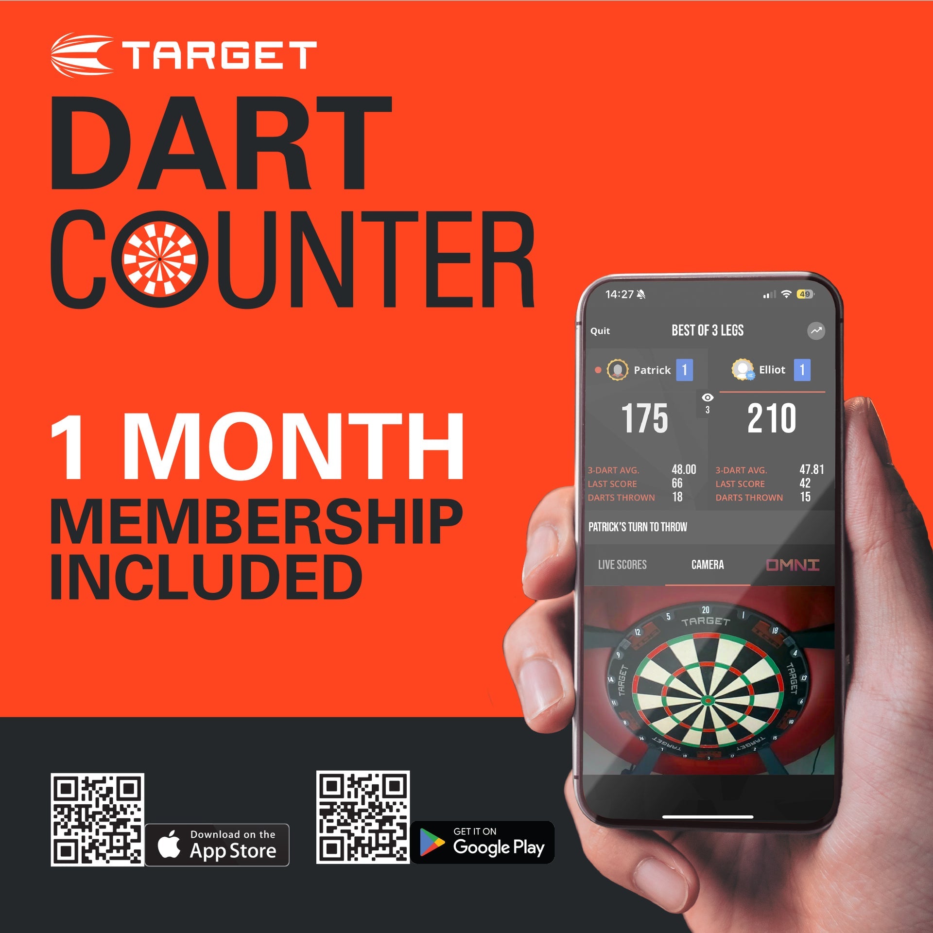 Advertisement for Target Dart Counter app with a hand holding a smartphone displaying the app on an orange background.