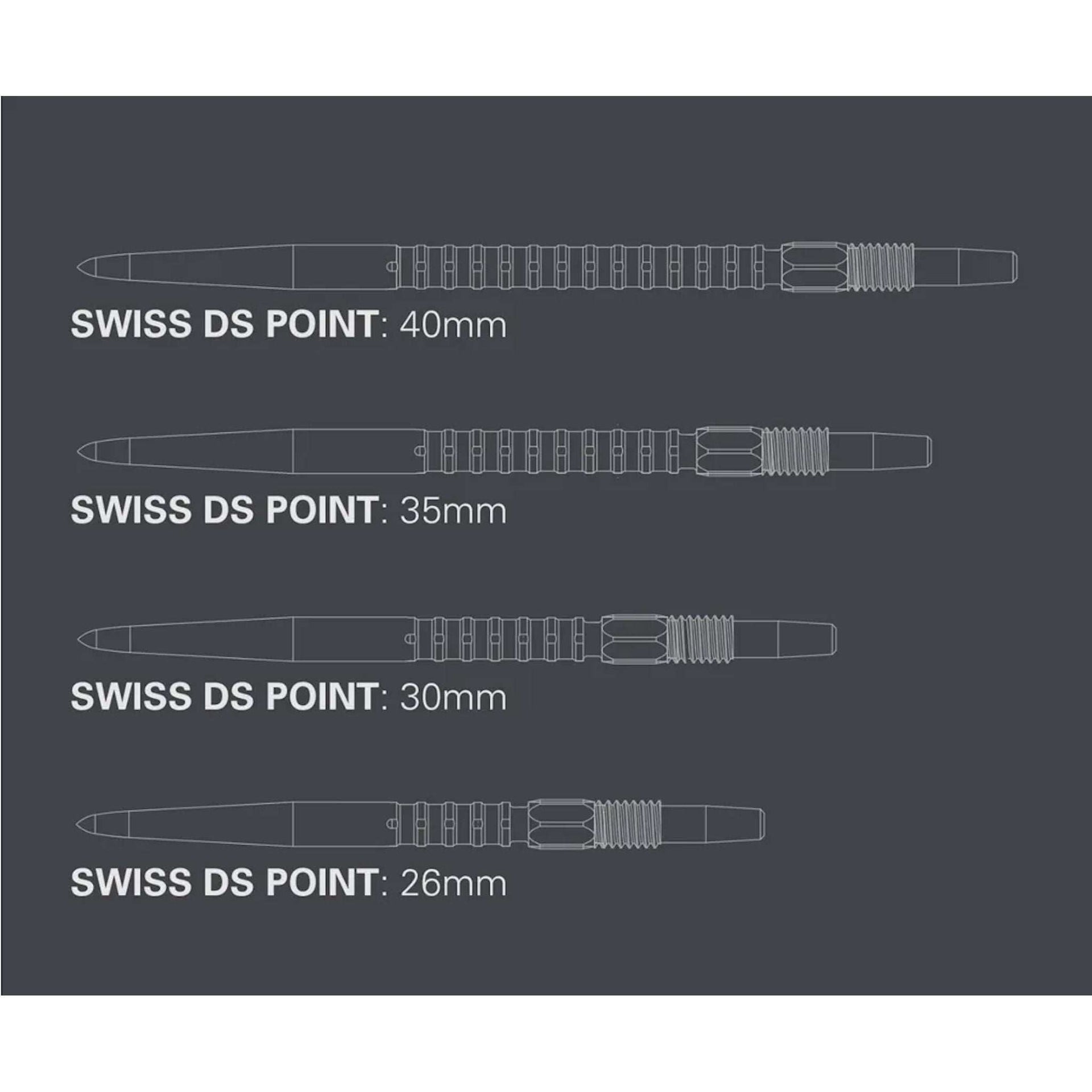 Swiss DS Points set of four dart points in varying lengths with diamond and surge grips for Target Darts Swiss Point barrels
