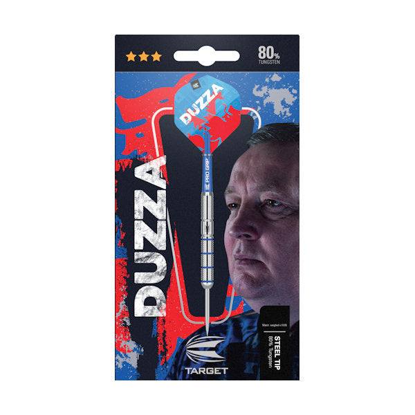 Glen Durrant 80 tungsten steel tip darts with blue grip shafts and branded flights in packaging