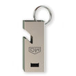 Dart Sharpener & Bottle Opener Keychain in silver on white background