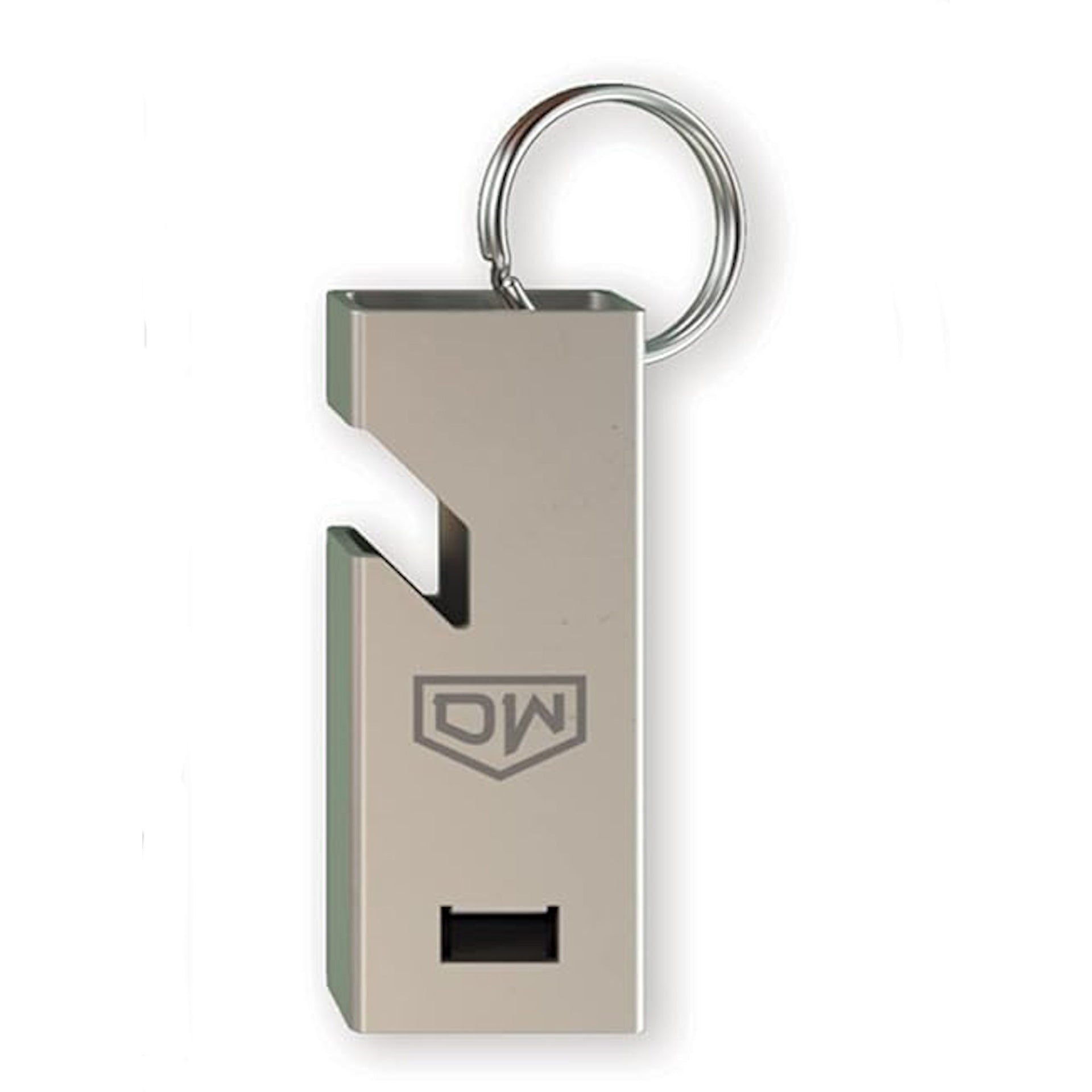 Metal dart keychain with a logo on a white background