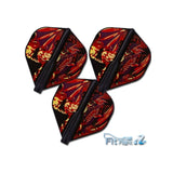 Set of three dart flights in red, black, and yellow featuring a dragon design and black spine, David Cameron 4 AIR standard fit flights.