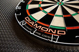 Close-up of Winmau Diamond Plus dartboard with refined wiring system and vibrant scoring segments