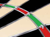 Close-up of Winmau Diamond Plus Dartboard sector wiring with red and green segments and sisal base