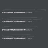 Swiss Diamond Pro Points dart tips in various lengths with laser-etched grip and patented locking system for Target Darts SP barrels