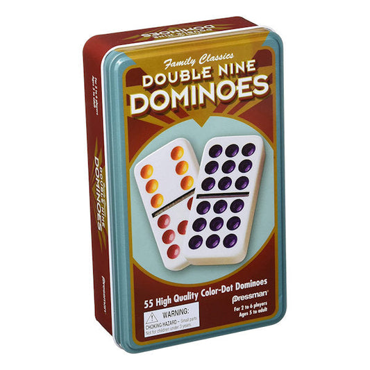 Double 9 Dominoes color dot set in vintage tin box with 55 jumbo tiles for family play